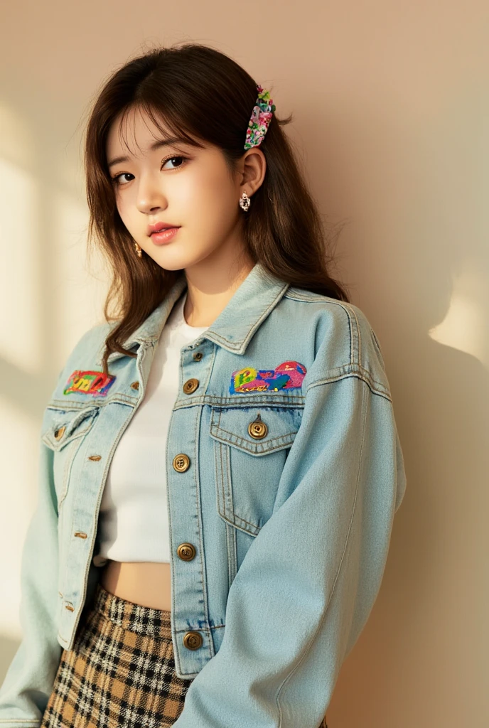 A stylish Asian teenage girl in retro 90s fashion, wearing a cropped denim jacket and a high-waisted plaid mini skirt, colorful scrunchie in her hair, posing casually on a soft pastel background with a carefree smile, natural sunlight illuminating her face, editorial photography style, ultra-detailed textures, 8K resolution.