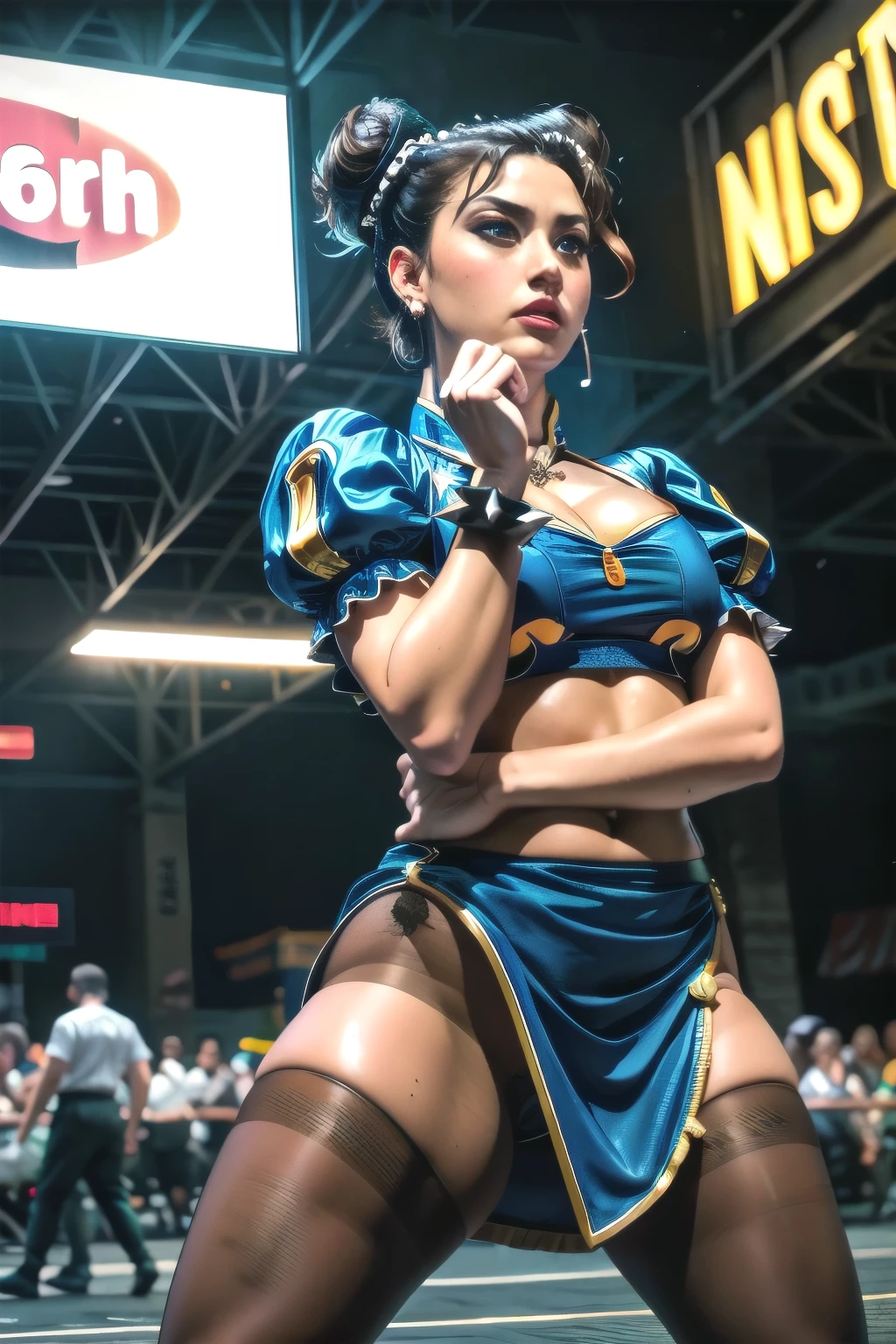  (tio Sam), american, american, hair buns, covered buns, American dress, qipao, blue outfit, spiked bracelets, puffy sleeves, thick_thighs, brown pantyhose, white boots:1.3), (white belt:0.5), (fish market, crowd), (dirt, scratches:1.2), intricate, masterpiece, best quality, highly detailed, (action scene), dust, dreamlikeart, freckles, nostalgia, , asymmetrical_hair, fog, sweat, exhaustion, absurdres, wet_hair, enormous hair, messy hair, hair_over_one_eye , 1girl, small fine sweat, wet, wide , messy_hair, thick_eyebrows, brown eyebrows, thick_lips, long_hair, head_tilt, depth of field, dynamic pose, dramatic angle, unreal engine, 8k, highly detailed, unreal engine, photo, photorealistic, hyperrealistic, cinematic lighting, cinematic composition, beautiful lighting, sharp, details, hdr, 4k