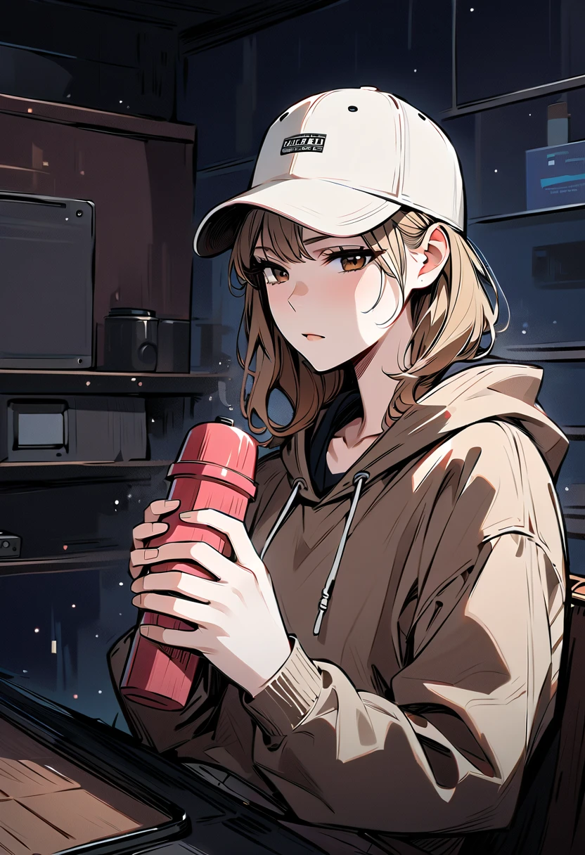 (masterpiece,  top quality:1.2), Alone, 21st century modern era ,  late night internet cafe background ,  light brown hair ,  Brown Eyes , Baseball cap, comfortable hoodie, hand job, handjob