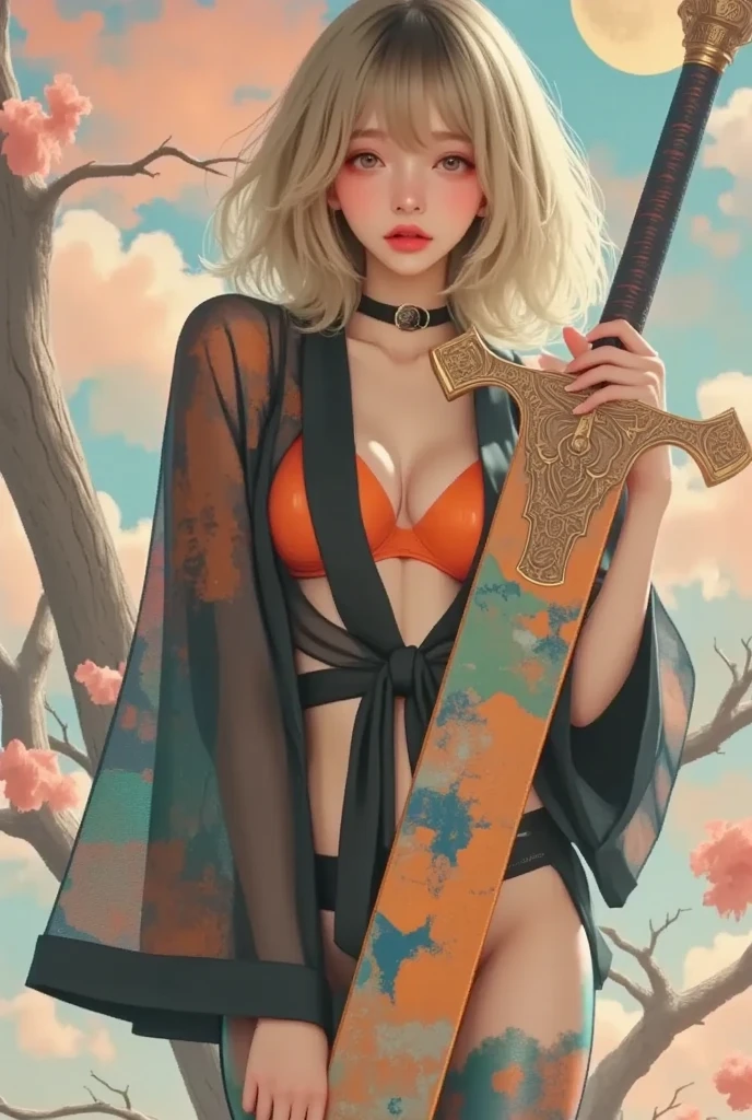 masterpiece, ultra detail, 8k, “A stylish and bold illustration of a young woman with short, blonde hair standing in a confident pose. She wears a modernized kimono with a striking orange and black color palette, adorned with intricate floral patterns and transparent lace sleeves. Her outfit is accented by a vibrant, multi-colored bow at the back and uniquely patterned stockings—one leg featuring vivid orange designs and the other adorned with colorful, abstract motifs. She holds a large, ornate sword with an industrial design, its blade reflecting a mix of modern and traditional aesthetics. The background is minimalistic, featuring soft floral outlines and a glowing full moon, emphasizing her elegant and powerful presence.”