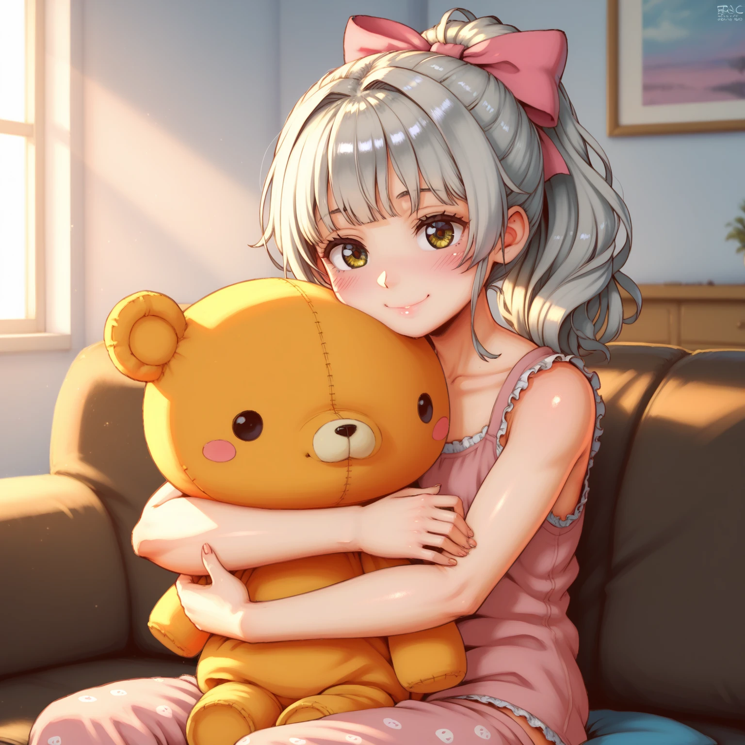 [high quality, best quality], cinematic, 1girl, solo, narumiya suzu, hair bow, pajamas, hugging stuffed toy, sitting on sofa, living room, smile, blush, bloom, hdr, Arms up tying her hair in a ponytail, nude shy and blushing Nude naked young teen girl , in the bedroom, cozy and inviting warm room early morning light, epic perspective, dramatic lighting and shadows, symmetrical and aesthetic, aesthetically pleasing anime style, exquisitely detailed, epic perspective, dramatic lighting and shadows, symmetrical and detailed, intricate design, 8k hd, HDR, colorful and lively ambient mood, fun and cute pose , arafed silver haired girl Under,