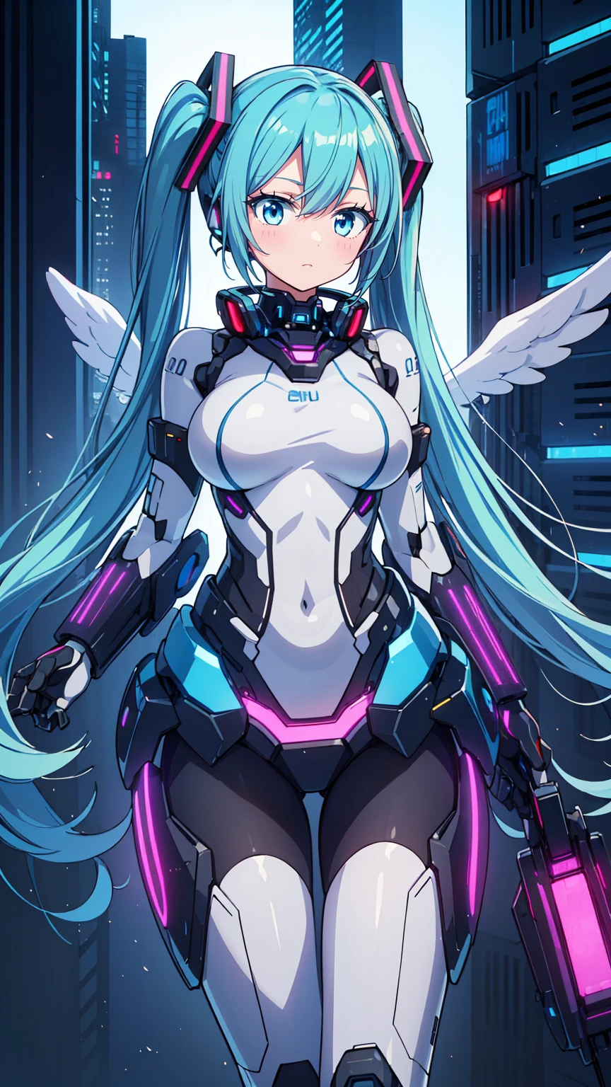 ((((masterpiece, high quality, very_high_resolution, anime colored, Elaborate design, visual art, high quality)))), (((hatunemiku VOCALOID))), twintail, turquoise hair, mecha, 1girl, cyberpunk, realistic, mechanical parts, ((((Angel wings)))), powerd suit, robot joints, headgear, full armor, high heels, armor color((((white)))), beautiful art,