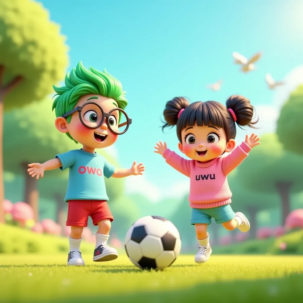 A vibrant front yard with green grass, colorful flowers, and a small tree in the corner, under a bright blue sky with birds flying in the distance. Owo, an  cute and nerdy boy, stands as a goalkeeper with his hands outstretched, ready to catch the ball. He has bright green hair, big round glasses, and is wearing a light blue t-shirt with 'owo' written on it, red shorts, and sneakers with knee-high socks. In front of him, Uwu, a  cute and adorable girl, is mid-air, kicking the ball toward him with an energetic and joyful expression. She has her hair in two buns on top with bangs, clear hair fibers, flushed cheeks, and is wearing a pink sweater with 'uwu' written on it, blue shorts, short socks, and white sneakers. The style is 3D Pixar animation with a pastel color palette, emphasizing their dynamic poses and the cheerful atmosphere of the moment.