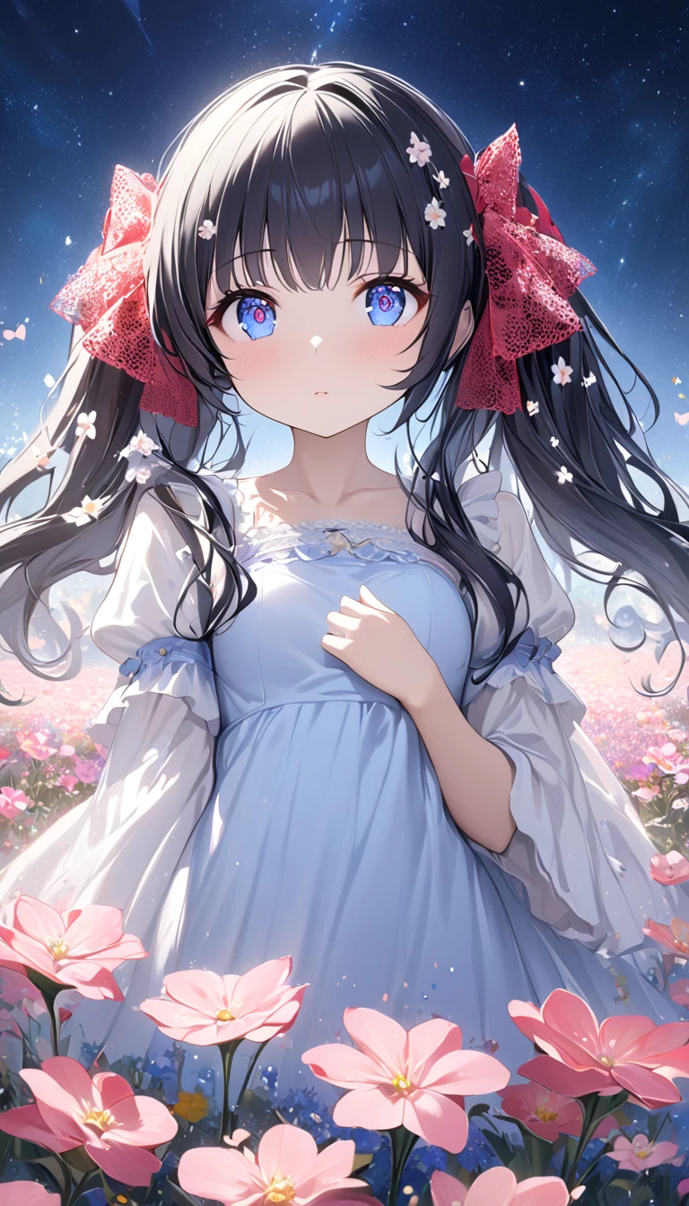 、( slim、1 person,  cute young woman, , small bust:1.3,  black hair、 twin tail hair 、Azure Eyes、 big red lace ribbon on hair ),delicate beautiful eyes , eyes are drawn in detail , high definition , masterpiece, pictures of girls , cute and beautiful face down to the last detail、Beautiful Bangs, Bangs between the eyes, ( eyeliner , lipstick:0.9),There is a girl Standing in a flower field looking up at the sky, a girl Standing in a flower field, ,  lost in a dreamy wonderland, Standing in a flower field,  fantastic digital painting  , The sky gradually cleared, The starry sky is gradually々Moving away from 、 school swimsuit