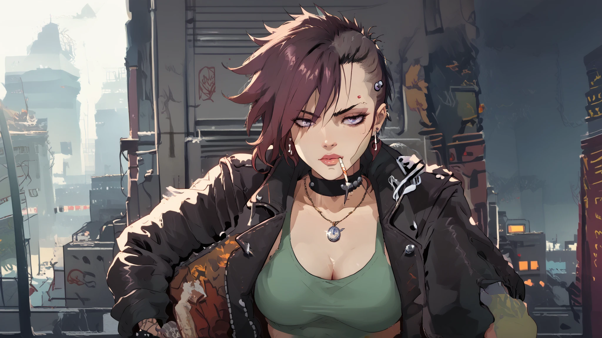 90's dark anime punk girl with aviators and long dark hair. A urban city in the background illuminates her. She wears a leather jacket over a green tank top and a choker necklace. She leans against a pillar with a cigarette in her mouth. There is an overall purple bluish tint to the scene and is zoomed out to show her and the city backdrop.