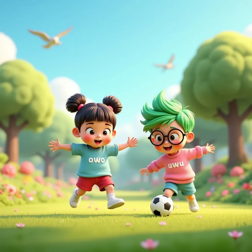 A vibrant front yard with green grass, colorful flowers, and a small tree in the corner, under a bright blue sky with birds flying in the distance. Owo, an  cute and nerdy boy, stands as a goalkeeper with his hands outstretched, ready to catch the ball. He has bright green hair, big round glasses, and is wearing a light blue t-shirt with 'owo' written on it, red shorts, and sneakers with knee-high socks. In front of him, Uwu, a  cute and adorable girl, is mid-air, kicking the ball toward him with an energetic and joyful expression. She has her hair in two buns on top with bangs, clear hair fibers, flushed cheeks, and is wearing a pink sweater with 'uwu' written on it, blue shorts, short socks, and white sneakers. The style is 3D Pixar animation with a pastel color palette, emphasizing their dynamic poses and the cheerful atmosphere of the moment.