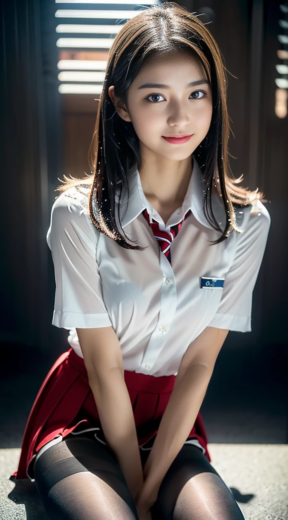 (((32k,high detal,high-detail、masterpiece,Attention to detail,full body Esbian,solo))),Raw photo & realistic atmosphere,beautiful dark blue eyes,Detailed mouth,Glossy lips,Detailed eyebrows,Eyes drawn in detail with soft white skin that shines in every detail、azure eyes,Very beautiful eyes,Detailed lips、Very beautiful face,Very well-formed face、Lifelike face,shiny beautiful lips, Realistic Young Gravure Idol, very beautiful school girl, , Young Sensual Gravure Idol, Young Gravure Idol, Beautiful and cute mature16 year old ,the whole body is wet,dripped out,with a flushed face,Incredibly beautiful, sexy and classy16-year-old girl,semi-long brown shiny hair,Hair is wet,Dripping water,dripping,(Looking at the camera:1.4),(darkness,Very dark,Use a flashlight to illuminate a subject in a pitch-black classroom with no light:1.7),(A sexy,Healthy toned body,High Detail Hi-Vision Hi-Vision Japan HDTVblackHDTVhi-VisionBlack Hi-VisionBlack Hi-Definition Hi-VisionBlack Hi-Definition Hi-Definition Uniform,medium shapely breasts,,Mature body, I'm anxious and about to cry,Moist eyes,cold smile,glareing,The glaring face is also beautiful,High-resolution arm,,high-definition fingers,:1.5),(The chest of the uniform is open,Sitting upright in black and red classy high school girl uniform wearing black pantyhose and sexy legs and lifting skirt in shame:1.7)