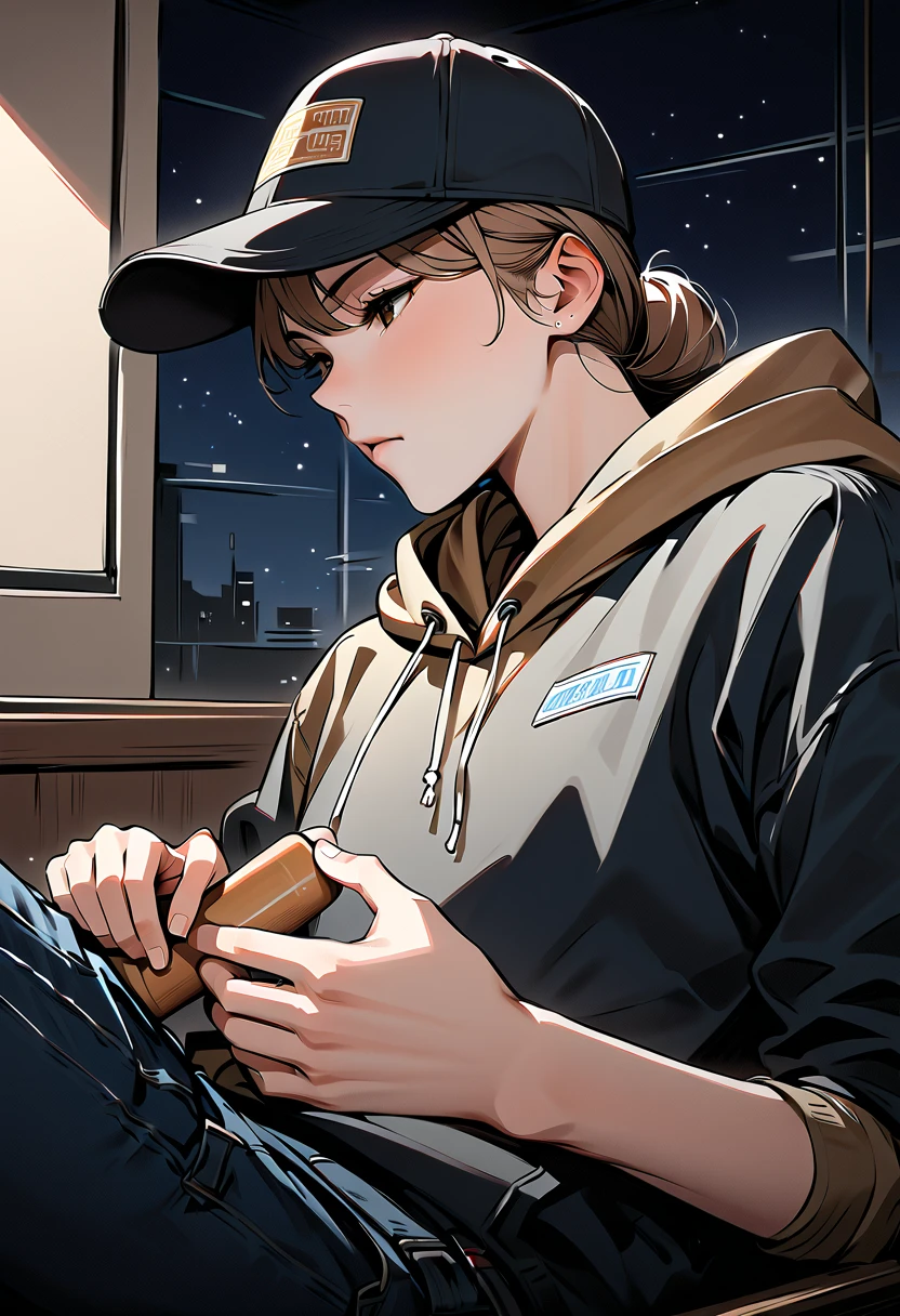 (masterpiece,  top quality:1.2), Alone, 21st century modern era ,  late night internet cafe background ,  light brown hair ,  Brown Eyes , Baseball cap, comfortable hoodie,  Hand job to the man sitting in the chair, The man only shows his lower body , handjob