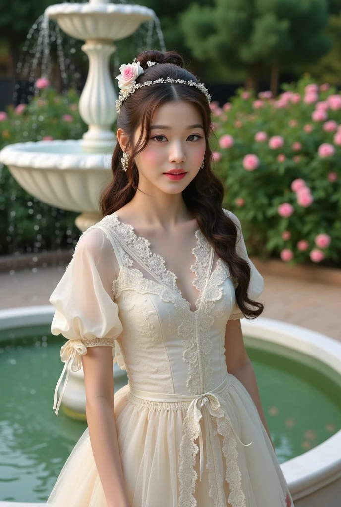 Create an image of an Asian teenage girl in a Victorian-inspired outfit. She's wearing a lace blouse, a high-waisted long skirt. Her hair is styled in loose ringlets and adorned with a floral headpiece. The background is a historic garden with blooming roses and a marble fountain. Detailed face, expressive eyes, high resolution, photorealistic, natural lighting, vibrant colors, Victorian fashion, garden backdrop, graceful pose.