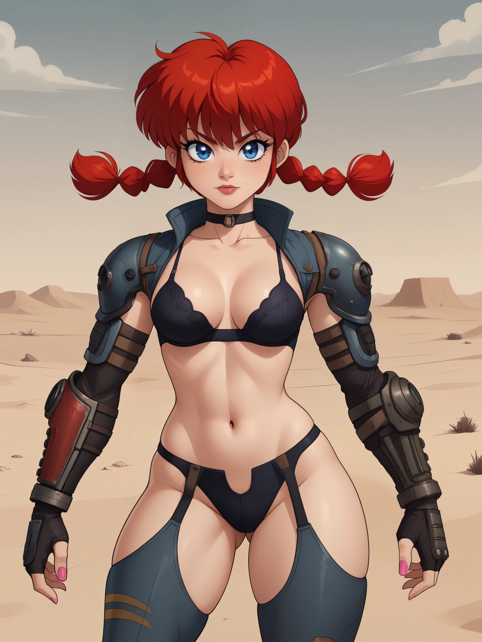 Ranma Saotome. red hair. Blue eyes. pigtail. small saggy breasts. hige hips. choker. black eyeliner. pink manicure. bra. fallout suit. desert. settlement. 