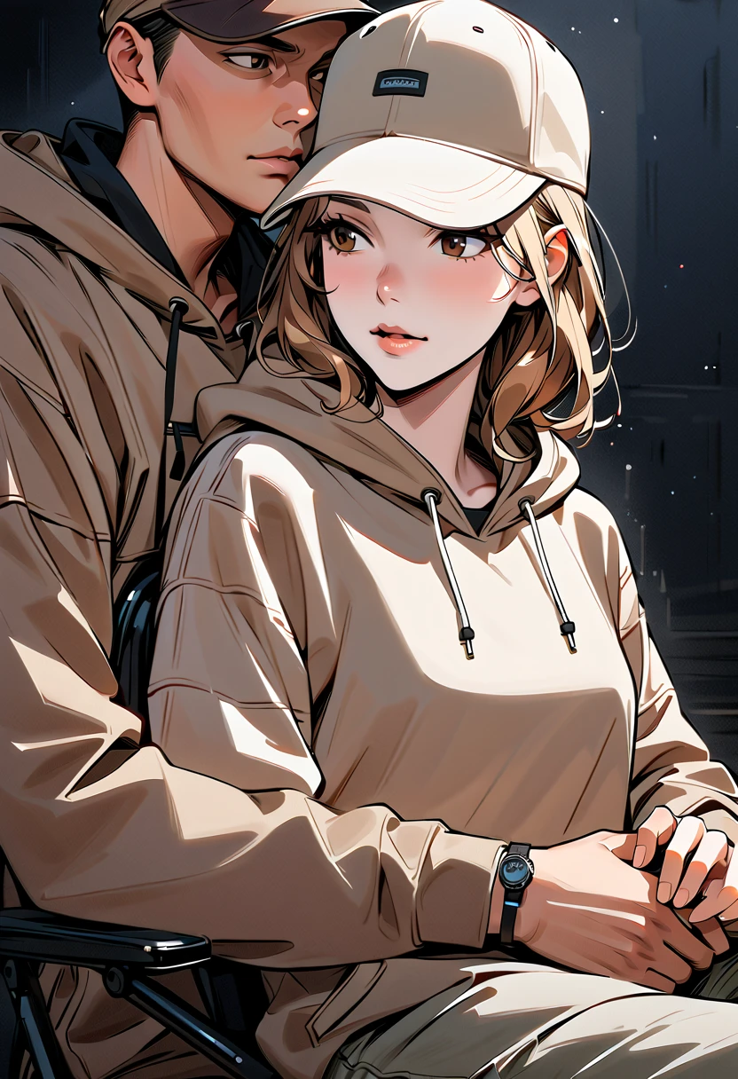 (masterpiece,  top quality:1.2), Woman 1,  light brown hair ,  Brown Eyes , Baseball cap, comfortable hoodie, Man in a chair ,  woman holding hands with a man, The man only shows his lower body , handjob