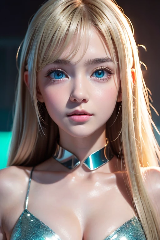  top quality、8kの傑作、 super high resolution、(Realistic:1.3)、 RAW photos 、A beautiful 14-year-old baby-faced girl of Scandinavian descent with shiny blonde hair.、 Silver Blonde Hair 、 super long straight hair 、 bangs between eyes、Hair above the eyes、片Hair above the eyes、hair between eyes、White and lustrous skin、1. Cyberpunk Super Beautiful Soldier、(( super realistic details ))、Portraiture、 Global Illumination、Shadow Realm、 octane rendering 、8k、Super sharp、 beautiful breasts、Bare skin in the cleavage is exposed、Metal、Cold colors、、 very complicated details 、Realistic Light、CG Association Trends、Very bright mint green big eyes that are so vivid and beautiful、Very big eyes、Eyes shining towards the camera、Neon Details、Small Face Beauty、Round face、Cheek highlight