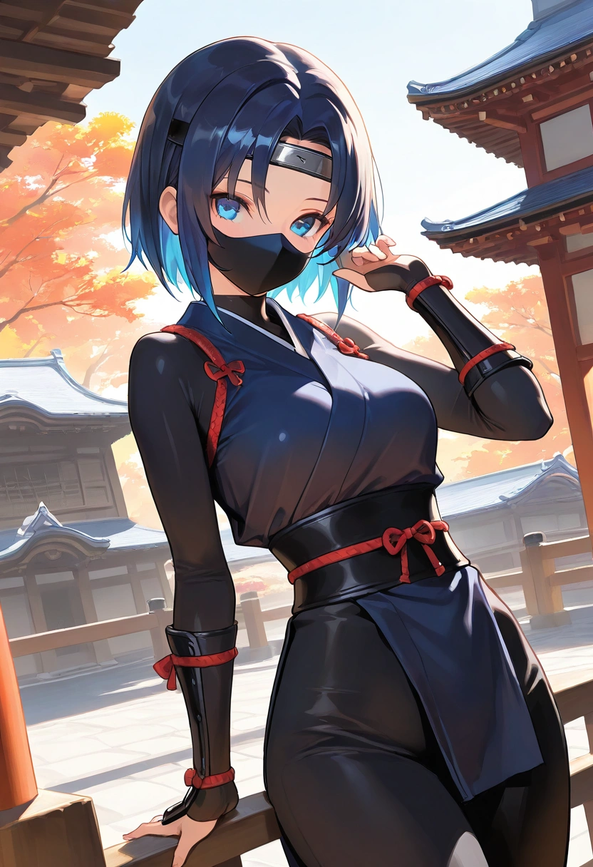 up to date, safe, ninja girl、solo, Short Hair, dark blue Hair, gradation hair, clear blue eyes, tousled hair, forehead band, ninja costume, ninja mask, large chest, outdoors, japanese landscape, japanese castle scenery, (best quality,4k,8k,highres,masterpiece:1.2),ultra-detailed,intricate details, high fashion, dramatic lighting, warm colors, chiaroscuro