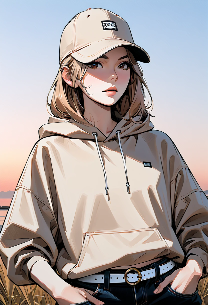 (masterpiece,  top quality:1.2), Woman 1,  light brown hair ,  Brown Eyes , Baseball cap, comfortable hoodie