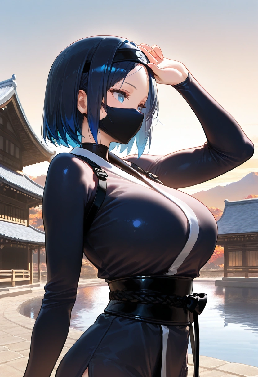 up to date, safe, ninja girl、solo, Short Hair, dark blue Hair, gradation hair, clear blue eyes, tousled hair, forehead band, ninja costume, ninja mask, large chest, outdoors, japanese landscape, japanese castle scenery, (best quality,4k,8k,highres,masterpiece:1.2),ultra-detailed,intricate details, high fashion, dramatic lighting, warm colors, chiaroscuro