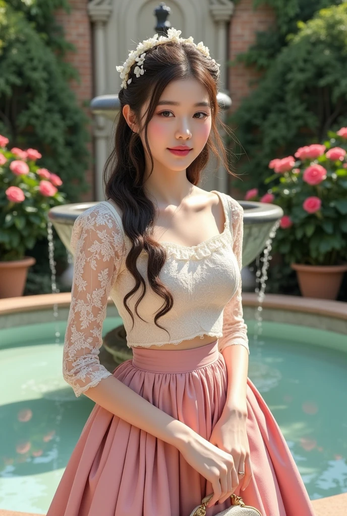 Create an image of an Asian teenage girl in a Victorian-inspired outfit. She's wearing a lace blouse, a high-waisted long skirt. Her hair is styled in loose ringlets and adorned with a floral headpiece. The background is a historic garden with blooming roses and a marble fountain. Detailed face, expressive eyes, high resolution, photorealistic, natural lighting, vibrant colors, Victorian fashion, garden backdrop, graceful pose.