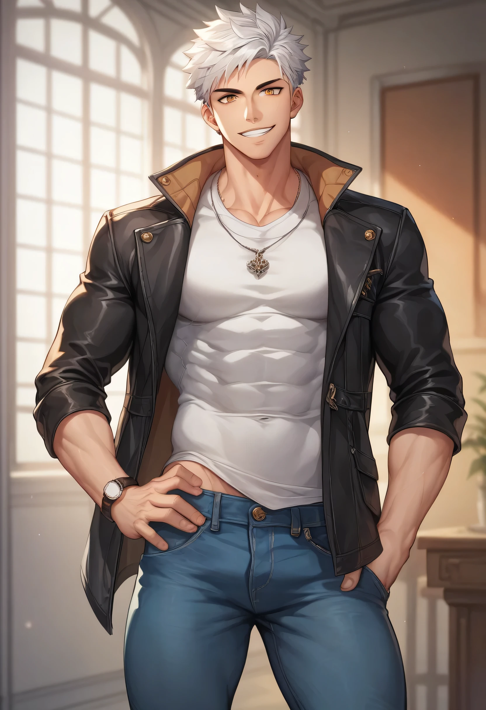 score_9, score_8_up, score_7_up, score_6_up, 1boy, solo, straight hair, short hair, silver-white hair, amber eyes, muscular, gigachad, toned. Handsome male (Teenack and white shirt, jacket, jeans he wears a Fashionable clothing. Video game room (Having fun), standing, looking at viewer, smile, standing, looking at viewer, smile.