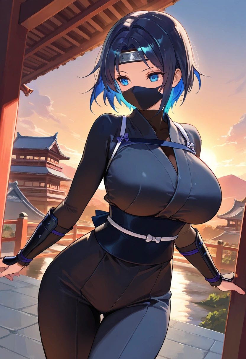 up to date, safe, ninja girl、solo, Short Hair, dark blue Hair, gradation hair, clear blue eyes, tousled hair, forehead band, ninja costume, ninja mask, large chest, outdoors, japanese landscape, japanese castle scenery, (best quality,4k,8k,highres,masterpiece:1.2),ultra-detailed,intricate details, high fashion, dramatic lighting, warm colors, chiaroscuro