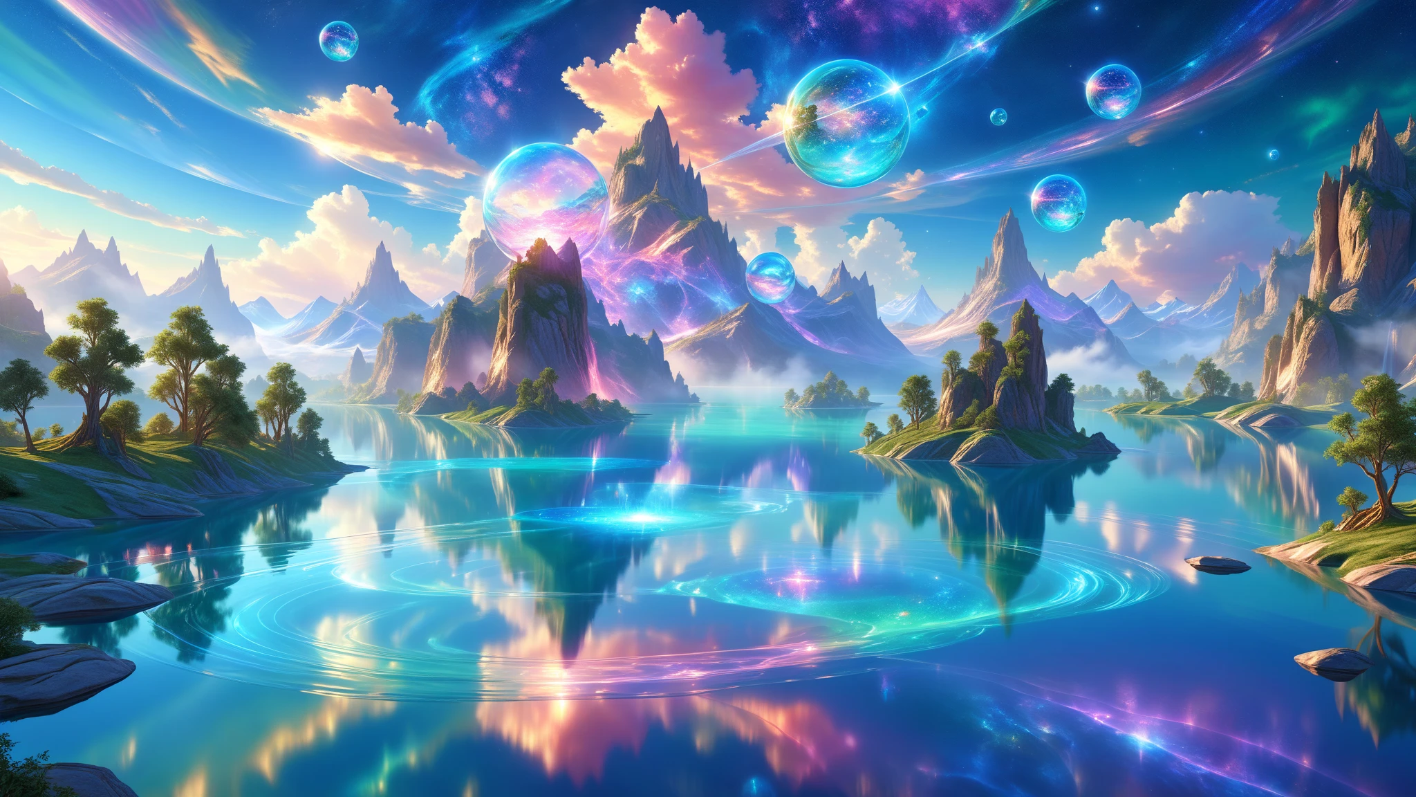 A Masterpiece In 32K Resolution, Supreme Quality, Super Detail, Official Art, Very High-Resolution 32K Wallpaper, Beautiful And Aesthetic, Ultra-Detailed Features, Awe-Inspiring Detail. A Miraculous Floating Lake Suspended High In The Sky, Surrounded By Futuristic Rock Formations Embedded With Glowing Energy Veins. The Lake’s Surface Glows In Shimmering Shades Of Blue And Green, And It Gently Overflows Into Cascading Streams Of Light. Hovering Energy Spheres Drift Above The Lake, Casting A Soft Light That Illuminates The Surrounding Area. The Sky Is Filled With Layers Of Holographic Clouds And Stars, Adding Depth And A Sense Of Wonder To The Scene.