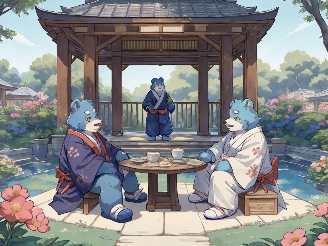 （morning）， A boy playing in the garden，Wearing Kimono，outdoor，quality， rich colors ， extremely detailed，Full body close-up，Full body close-up，Beautiful appearance ，The boy is a blue bear， Orange-gold eyes ， has thick hair on the body， Very Cute ，Fat，blue bear， unique ，Cheek hair is dark blue，Has a dark blue beard，Cheek hair is dark blue，Delicate style ，slippers，Colorful，There is a crane above the pavilion ，Tree，There are also many flowers





