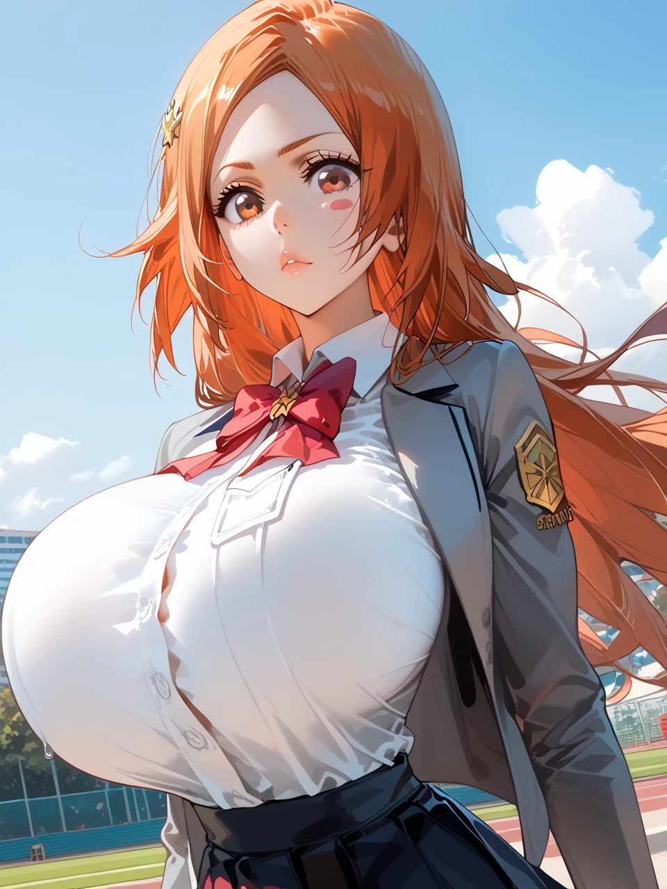              top quality,              top quality,          High-quality photos             ,               Masterpiece         ,             super high resolution   ,              detailed background ,              absurd,              perfect Anne and Omie white blouse         ,              performance   ,      good lighting     ,     Picture gallery eft _ bleach_Orihime、 skirt, bow,  school uniform,  jacket,  blazer, grey  jacket,  with very big breasts 、、、、、      cheek、cheekstickers、
 Sexy Poses  、

