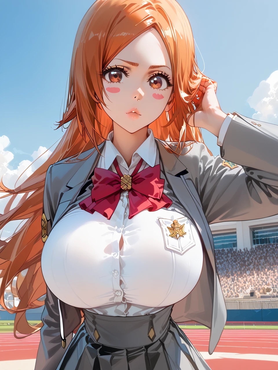              top quality,              top quality,          High-quality photos             ,               Masterpiece         ,             super high resolution   ,              detailed background ,              absurd,              perfect Anne and Omie white blouse         ,              performance   ,      good lighting     ,     Picture gallery eft _ bleach_Orihime、 skirt, bow,  school uniform,  jacket,  blazer, grey  jacket,  with very big breasts 、、、、、      cheek、cheekstickers、
 Sexy Poses  、

