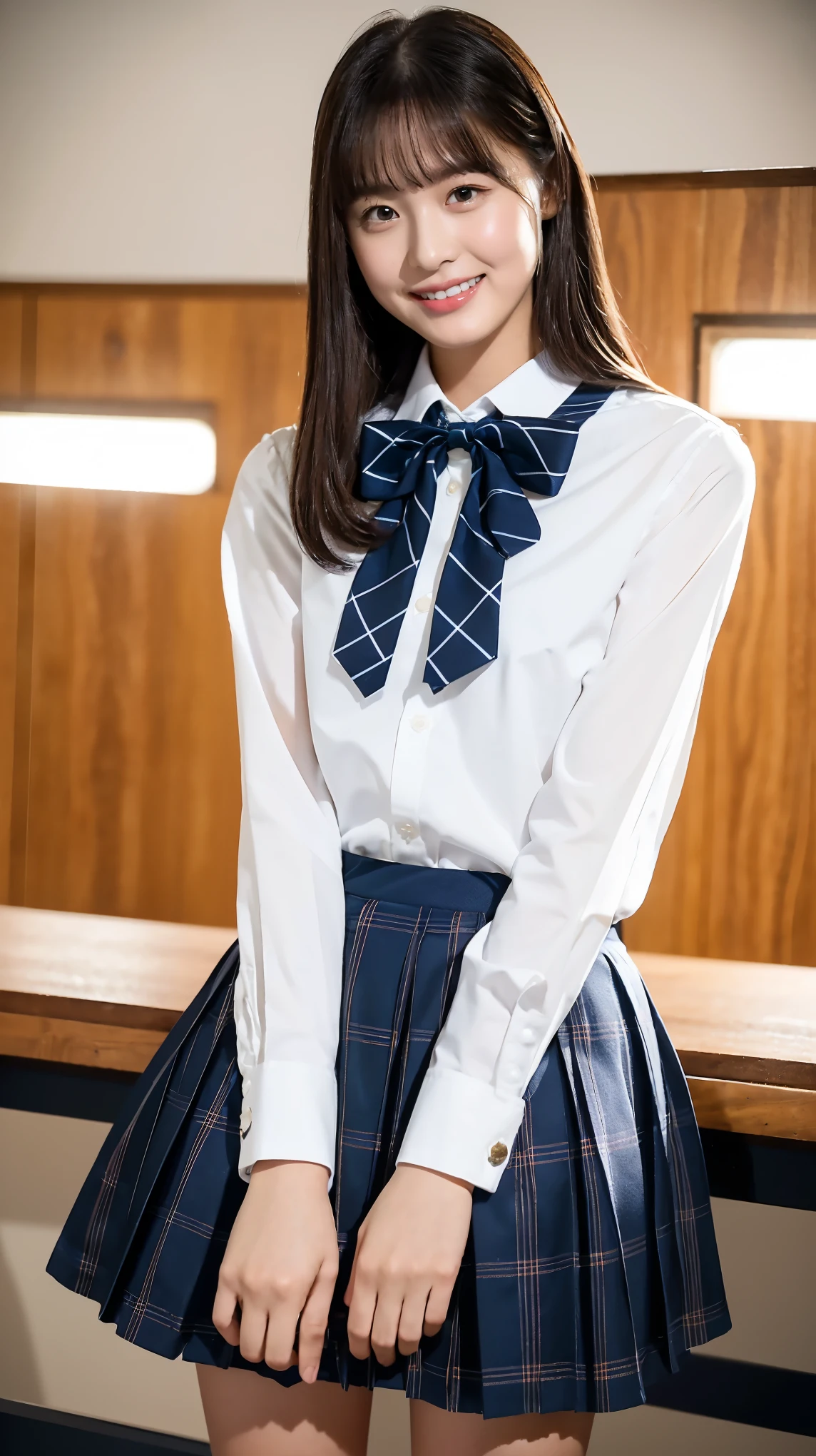 (Highest quality, 4K, 8k, High resolution, masterpiece, Genuine, Realistic, Realistic:1.3), (upper body, from below), Girl standing in a school changingroom, grin:1, phisically accurate, ((wearing white collared Uniform with blue bow tie, dark blue sweater, dark blue plaid skirt)), ((pink striped pattern underwear)), 18-year-old, bangs, A small smile, Thighs, knees, From below, pinching skirt:0.7, open legs:0.8,