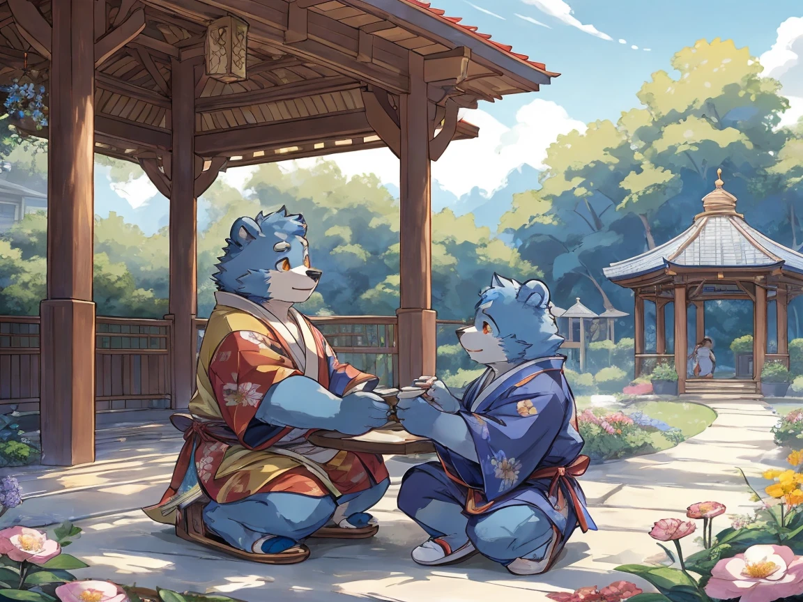 （morning）， A boy playing in the garden，Wearing Kimono，outdoor，quality， rich colors ， extremely detailed，Full body close-up，Full body close-up，Beautiful appearance ，The boy is a blue bear， Orange-gold eyes ， has thick hair on the body， Very Cute ，Fat，blue bear， unique ，Cheek hair is dark blue，Has a dark blue beard，Cheek hair is dark blue，Delicate style ，slippers，Colorful，There is a crane above the pavilion ，Tree，There are also many flowers





