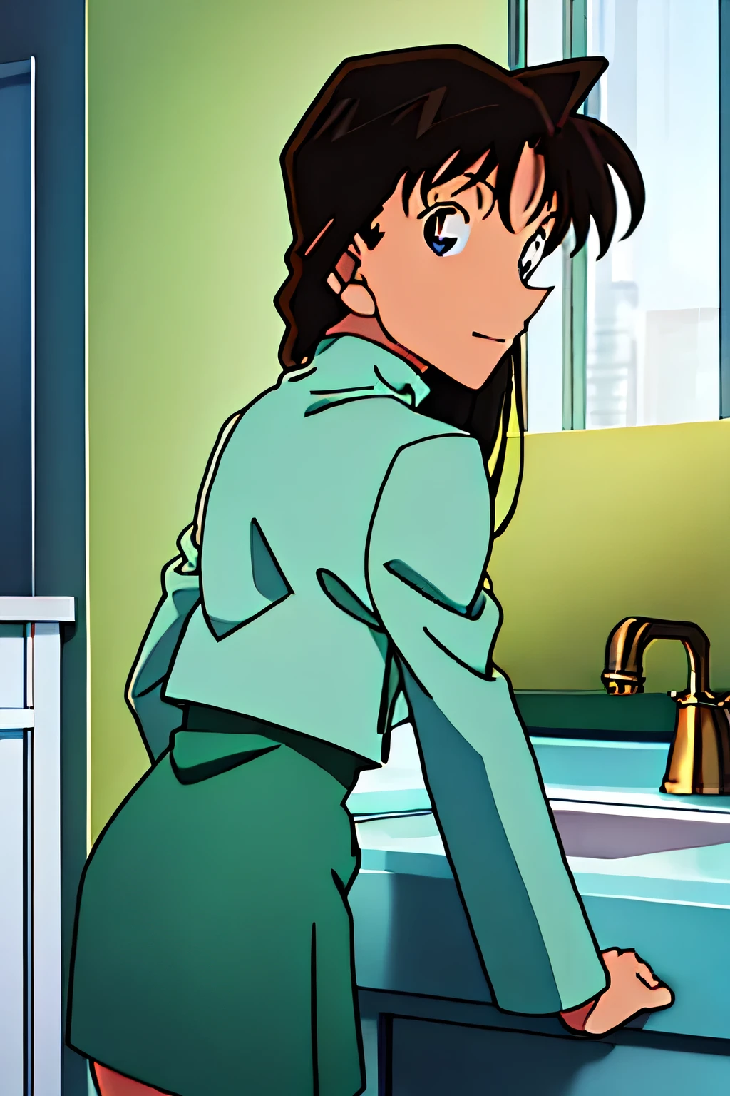 {{{Long Hair}}},{{{Public Documents }}},{{{adult}}},Green One Piece Dress,turtleneck green tight skirt , { light blue green cropped mini jacket}, Green Socks ,,sink,laundry,kitchen,bringing upper body to the sink,open,Back view of a person leaning forward