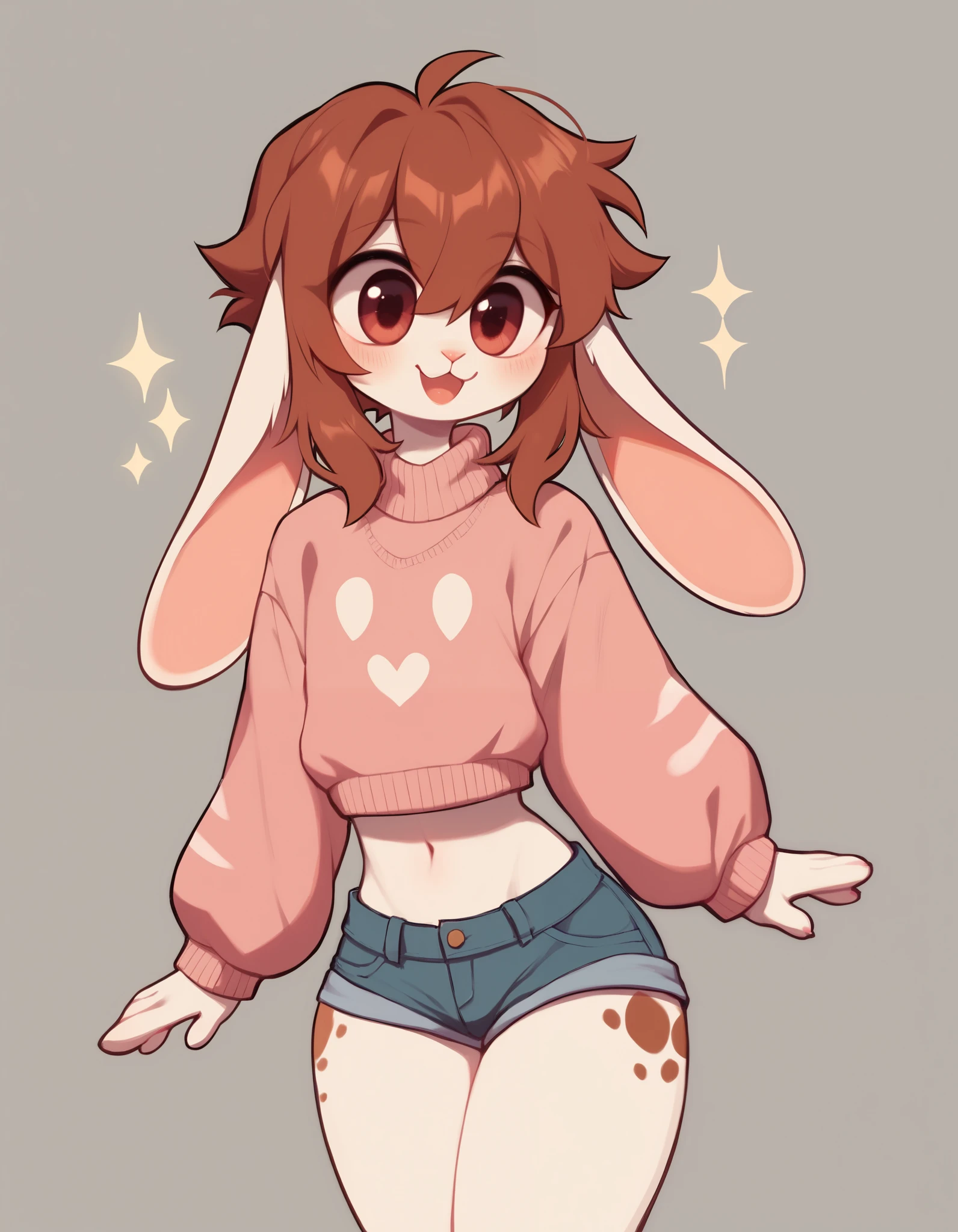 cwew, score_9,score_8_up, score_7_up, Best quality , Very detailed illustration, (Anthropomorphic furry rabbit boy:1,7) , tousled voluminous hair, Playful look, Slim, ideal body, thin waist,  wide hips, Simple drawing, Artifyber style, pastel flat colors, Cute, cartoon, sweater, short shorts