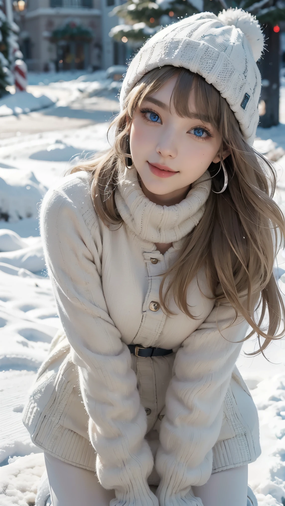 Asuma Toki,(best qualityer,4K,8k,high resolution,work of art:1.2)(weather: snowing), Mondstadt city background, Christmas town square, winter outfit, long beige winter coat, elbow long mittens, winter beanie, winter pants, christmas embroidery, winter boots, fur scarf, silver earrings, cheek mole, short wavy hair, blonde hair, ultra detailed, realistic,portraite,beautiful detailed blue eyes, glowing eyes,blush,beautiful detailed lips,extremely detailed eye and face, long eyelashes,sexly,average, large breasts,beaming smile, sexy smile,powerful girl, elegant pose, stunning curves, bright coloured,dramatic lighting, christmas tree, Christmas decorations, cold breathing,