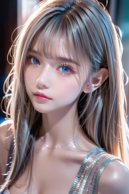  top quality、8kの傑作、 super high resolution、(Realistic:1.3)、 RAW photos 、A beautiful 14-year-old baby-faced girl of Scandinavian descent with shiny platinum blonde hair.、 Silver Blonde Hair 、 super long straight hair 、 bangs between eyes、Hair above the eyes、片Hair above the eyes、hair between eyes、White and lustrous skin、1. Cyberpunk Super Beautiful Soldier、(( super realistic details ))、Portraiture、 Global Illumination、Shadow Realm、 octane rendering 、8k、Super sharp、 beautiful breasts、Bare skin in the cleavage is exposed、Metal、Cold colors、、 very complicated details 、Realistic Light、CG Association Trends、Very bright mint green big eyes that are so vivid and beautiful、Very big eyes、Eyes shining towards the camera、Neon Details、Small Face Beauty、Round face、Cheek highlight