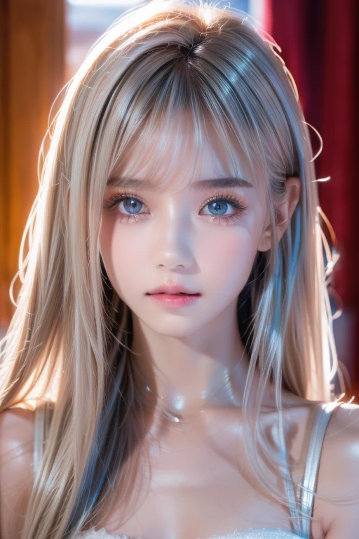  top quality、8kの傑作、 super high resolution、(Realistic:1.3)、 RAW photos 、A beautiful 14-year-old baby-faced girl of Scandinavian descent with shiny platinum blonde hair.、 Silver Blonde Hair 、 super long straight hair 、 bangs between eyes、Hair above the eyes、片Hair above the eyes、hair between eyes、White and lustrous skin、1. Cyberpunk Super Beautiful Soldier、(( super realistic details ))、Portraiture、 Global Illumination、Shadow Realm、 octane rendering 、8k、Super sharp、 beautiful breasts、Bare skin in the cleavage is exposed、Metal、Cold colors、、 very complicated details 、Realistic Light、CG Association Trends、Very bright mint green big eyes that are so vivid and beautiful、Very big eyes、Eyes shining towards the camera、Neon Details、Small Face Beauty、Round face、Cheek highlight