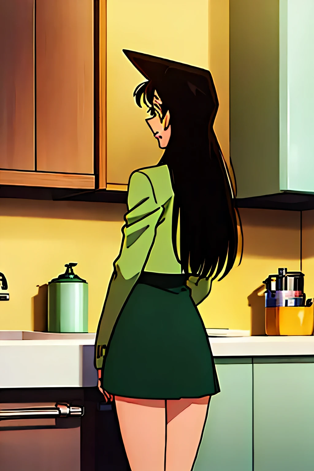 {{{Long Hair}}},{{{Public Documents }}},{{{adult}}},Green Dress, One Piece Dress,turtleneck green tight skirt , { light green cropped mini jacket},{ light green cropped mini jacket}, Green Sox ,,sink,laundry,kitchen,bringing upper body to the sink,open,Back view of a person leaning forward