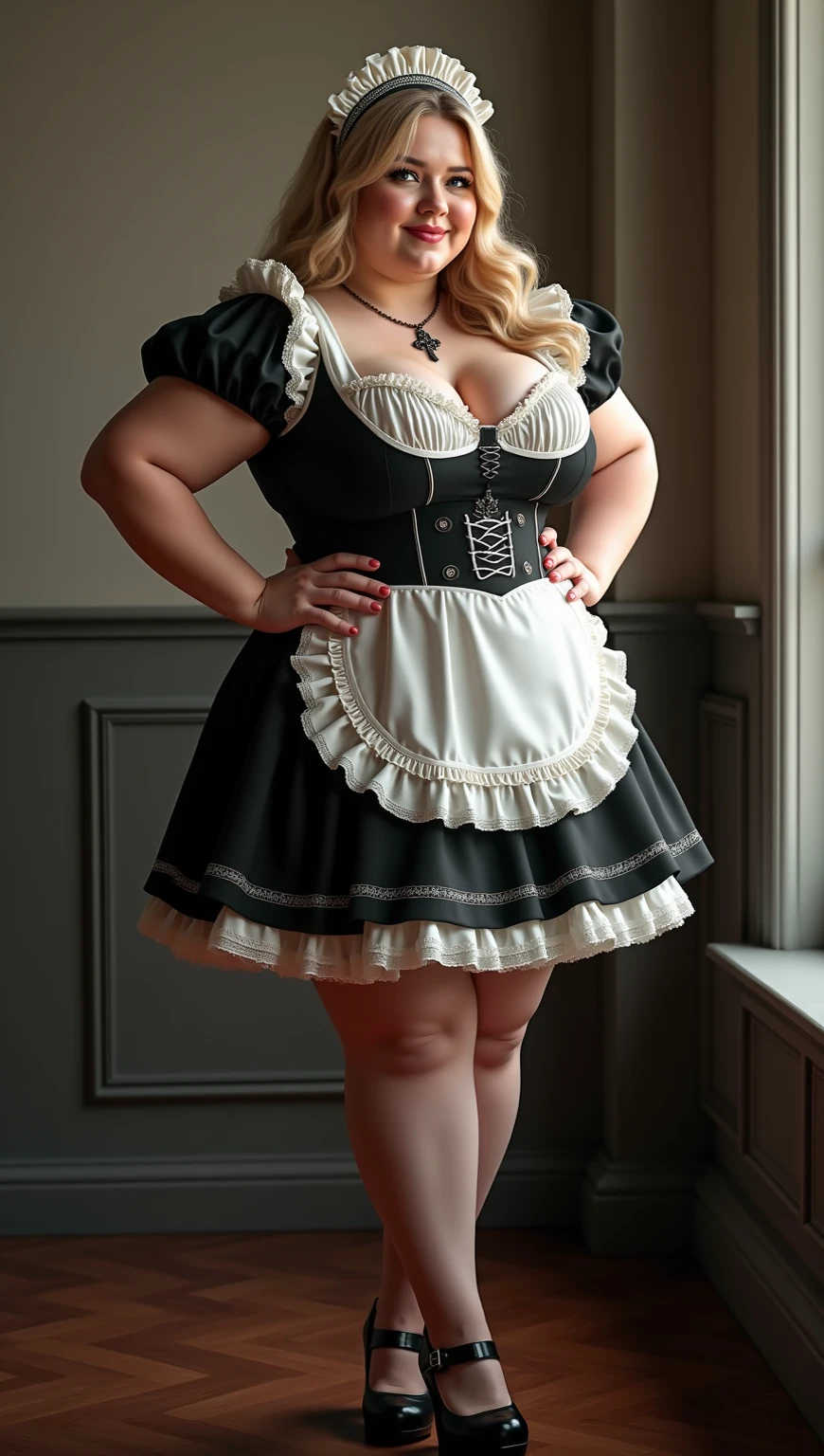 Fullbody professional photo of a woman in (sexy victorian maid dress:1.2), smile, round face, skirt, thick lips, blonde, heels, thick thighs