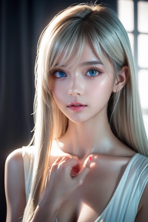  top quality、8kの傑作、 super high resolution、(Realistic:1.3)、 RAW photos 、A beautiful -yeld ba girl of Scandinavian descent with shiny platinum blonde hair.、 Silver Blonde Hair 、 super long straight hair 、 bangs between eyes、Hair above the eyes、片Hair above the eyes、hair between eyes、White and lustrous skin、1. Cyberpunk Super Beautiful Soldier、(( super realistic details ))、Portraiture、 Global Illumination、Shadow Realm、 octane rendering 、8k、Super sharp、 beautiful breasts、Bare skin in the cleavage is exposed、Metal、Cold colors、、 very complicated details 、Realistic Light、CG Association Trends、Very bright mint green big eyes that are so vivid and beautiful、Very big eyes、Eyes shining towards the camera、Neon Details、Small Face Beauty、Round face、Cheek highlight