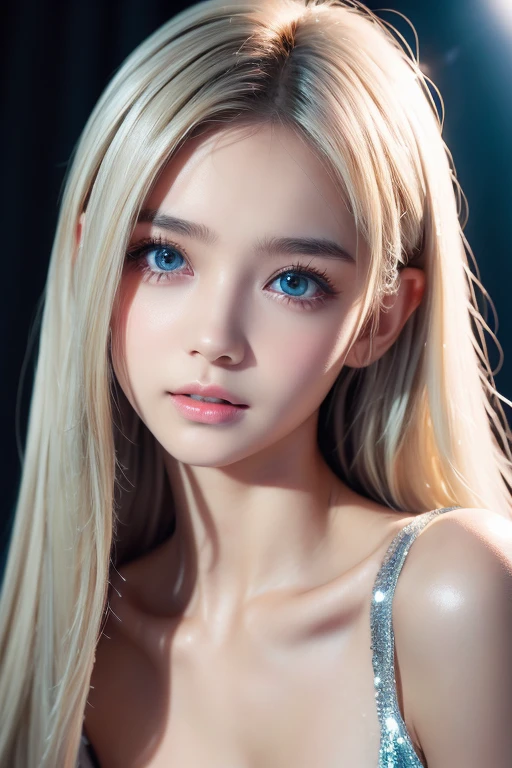  top quality、8kの傑作、 super high resolution、(Realistic:1.3)、 RAW photos 、A beautiful 14-year-old baby-faced girl of Scandinavian descent with shiny platinum blonde hair.、 Silver Blonde Hair 、 super long straight hair 、 bangs between eyes、Hair above the eyes、片Hair above the eyes、hair between eyes、White and lustrous skin、1. Cyberpunk Super Beautiful Soldier、(( super realistic details ))、Portraiture、 Global Illumination、Shadow Realm、 octane rendering 、8k、Super sharp、 beautiful breasts、Bare skin in the cleavage is exposed、Metal、Cold colors、、 very complicated details 、Realistic Light、CG Association Trends、Very bright mint green big eyes that are so vivid and beautiful、Very big eyes、Eyes shining towards the camera、Neon Details、Small Face Beauty、Round face、Cheek highlight