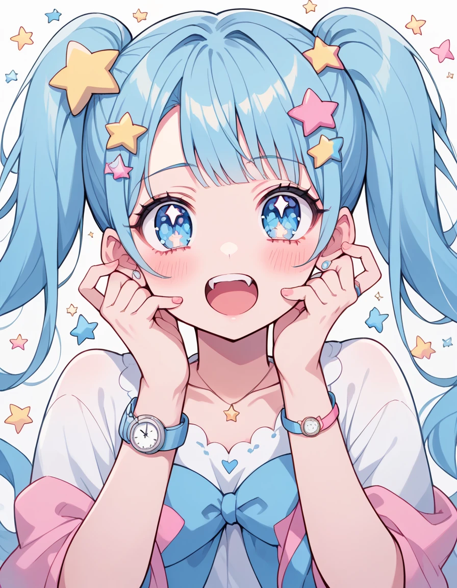 neondskdrmsxl,  score_9_up,  score_8_up,  score_7_up,  score_6_up,  1 girl , Alone,  pastel color ,  open mouth,  long hair, star , (symbol), star  hair ornament ,  hair ornament ,  twin tails,  Watch Viewers,  blue eyes, pastel neon lighting,  source_Anime, neon, neon theme ,  light blue hair,