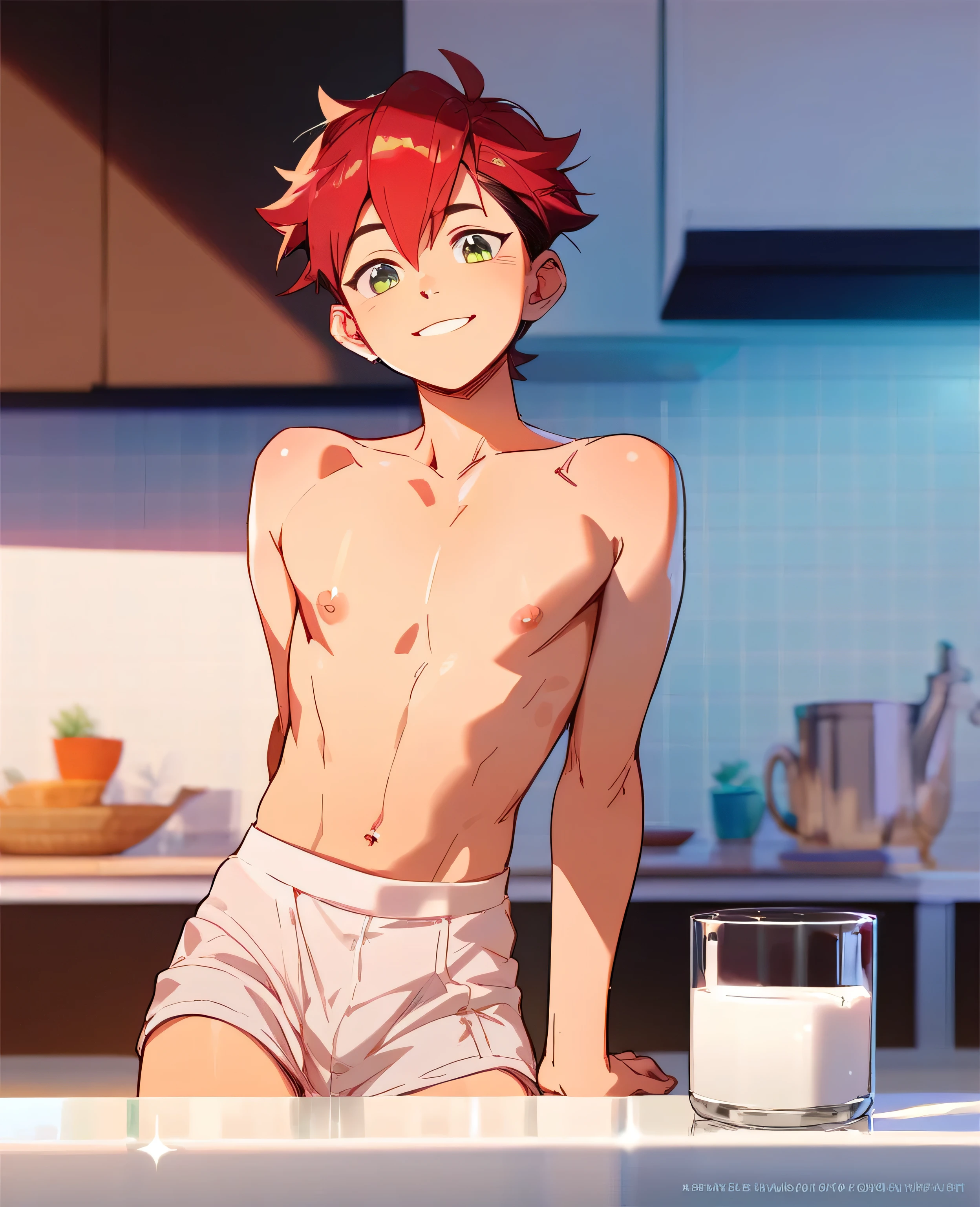 Strong skinny Asian boy, slim body, red hair, green eyes, naked underwear, erection, sexy, hot, in the kitchen, smiling, with milk on his body 18 years old, hot 