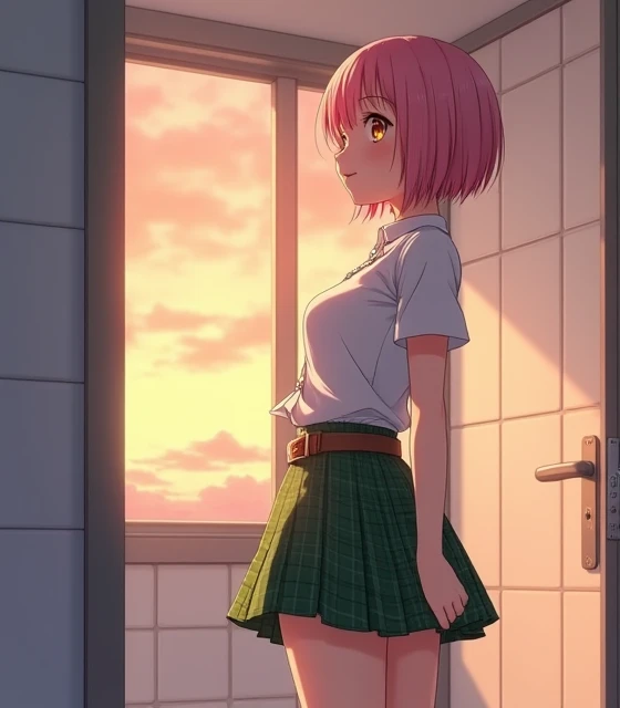  An 18-year-old anime man , To Love Ru,  soft lighting ,  standing at the door of a room on the fifth floor of a white hospital with white slabs,  there is a small window where you can see the sunset with an orange sky ,  measures 1 .67 cm tall , Her measurements are: B 60, At 30, H 75 ; He has short light magenta hair ,  his eyes are large and serene in yellow Tourmaline , She has a thoughtful and cheerful facial expression when she says something while turning around ,  wears a white shirt with buttons and short sleeves  (Unbuttoned neck button ), leather belt,  clover-green pleated plaid skirt ,  white stockings. wide thighs,  High resolution,  masterpiece,  Anatomically correct, Preciso,  The best quality ,  tall details,  anatomy,  very detailed , Retina, perspective,  American plane, limelight,  back view 