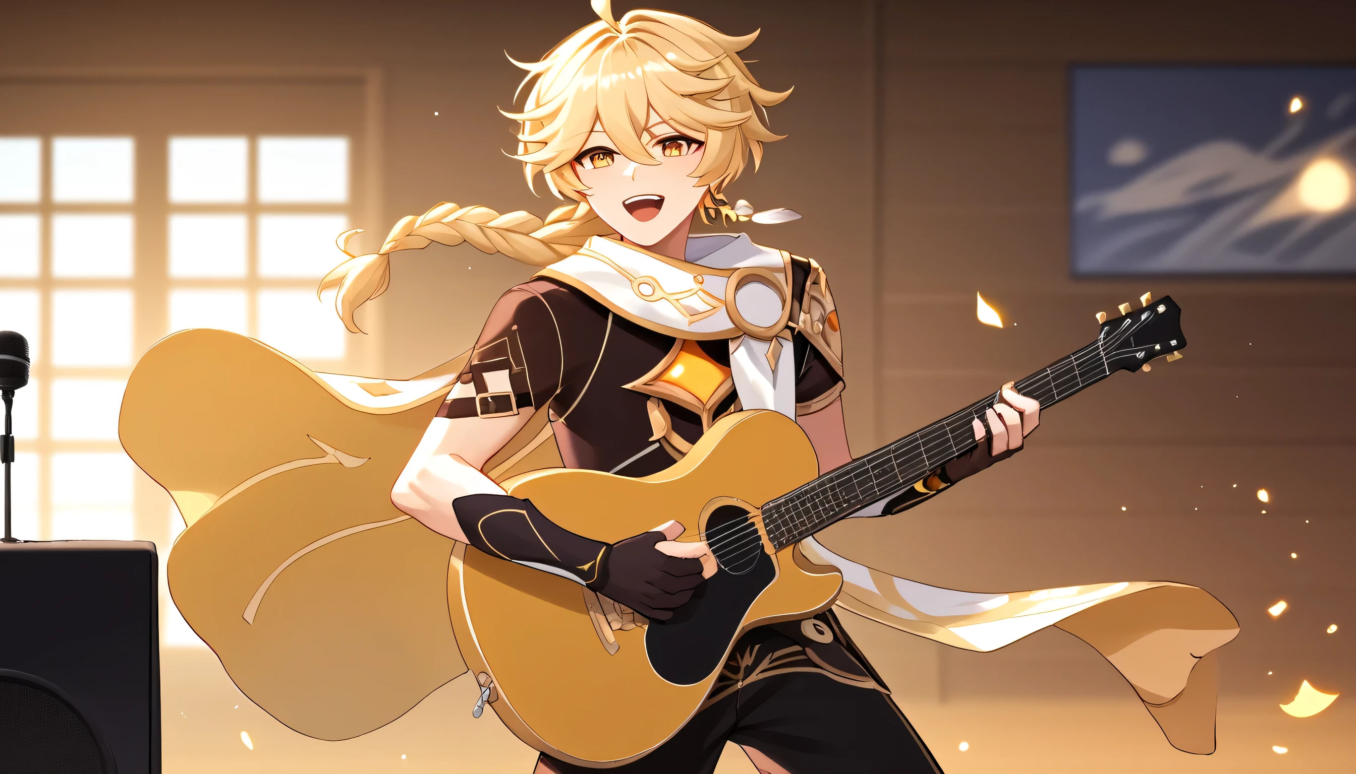 score_9, score_8_up, score_7_up, 1boy, solo, aether \(genshin impact\), male focus, solo, blonde hair, yellow eyes, ahoge, bangs, single braid, hair between eyes, cowboy shot, sing, singing, open mouth, mic, mic stand, guitar, playing a guitar, looking at viewers