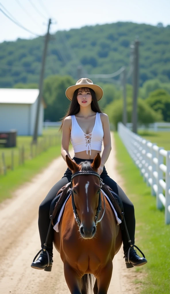 A beautiful young woman(18 year old), (Pretty Idol, Japanese face), white pale skin,cute mouth, cute eye, high nose, beautiful CUP-G chests, Japanese model, very long hair,white skin,smooth skin,white skin, a woman with a large breast. wearing a deep v-neck white sports bars strikingly exposed chest slits and wearing black riding breeches, horse riding mats,Wear a light brown cowboy hat is riding a horse on a farm.The image shows a dirt road winding through a green field with a white fence on the right side. On the left side of the road, there is a white building with a sloping roof. In the background, there are trees and a hill covered in greenery. The sky was clear and there were power lines running along the road. The overall mood of the picture is bright and cheerful.A beautiful young woman(18 year old), (Pretty Idol, Japanese face), white pale skin,cute mouth, cute eye, high nose, beautiful CUP-G chests, Japanese model, very long hair,white skin,smooth skin,white skin, a woman with a large breast. wearing a deep v-neck white sports bars strikingly exposed chest slits and wearing black riding breeches, horse riding mats, Wear a light brown cowboy hat is riding a horse on a farm,