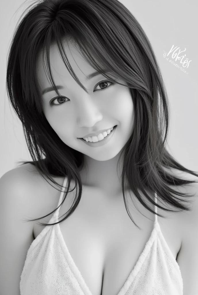 A smiling woman 
Pencil sketch of a Thai woman with long hair, wearing a white dress. Half-body portrait, delicate facial structure, large eyes, high nose bridge, soft light, delicate texture details, delicate line drawing in a light-colored style, emphasizing the beauty of the facial structure.