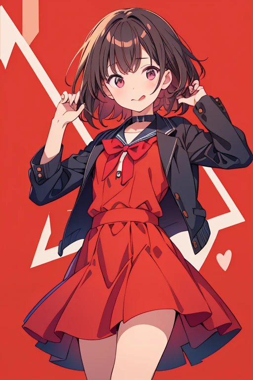 1girl, sozinho,brown hair underwater, olhos castanhos, separated-lips, mangas compridas, suit jacket,  Background Story, parte superior do corpo, red Background Story, Olhando para o Viewer, dente, red suit jacket, corpo lipull, sorrir，motocicleta