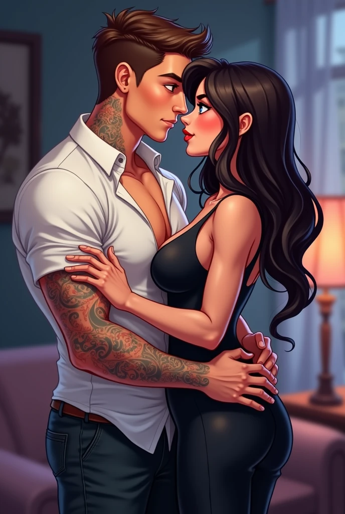 Anime style sketch of a handsome tattooed male bad boy with tattoos around his lips hugging a beautiful girl with long hair and blood on her neck