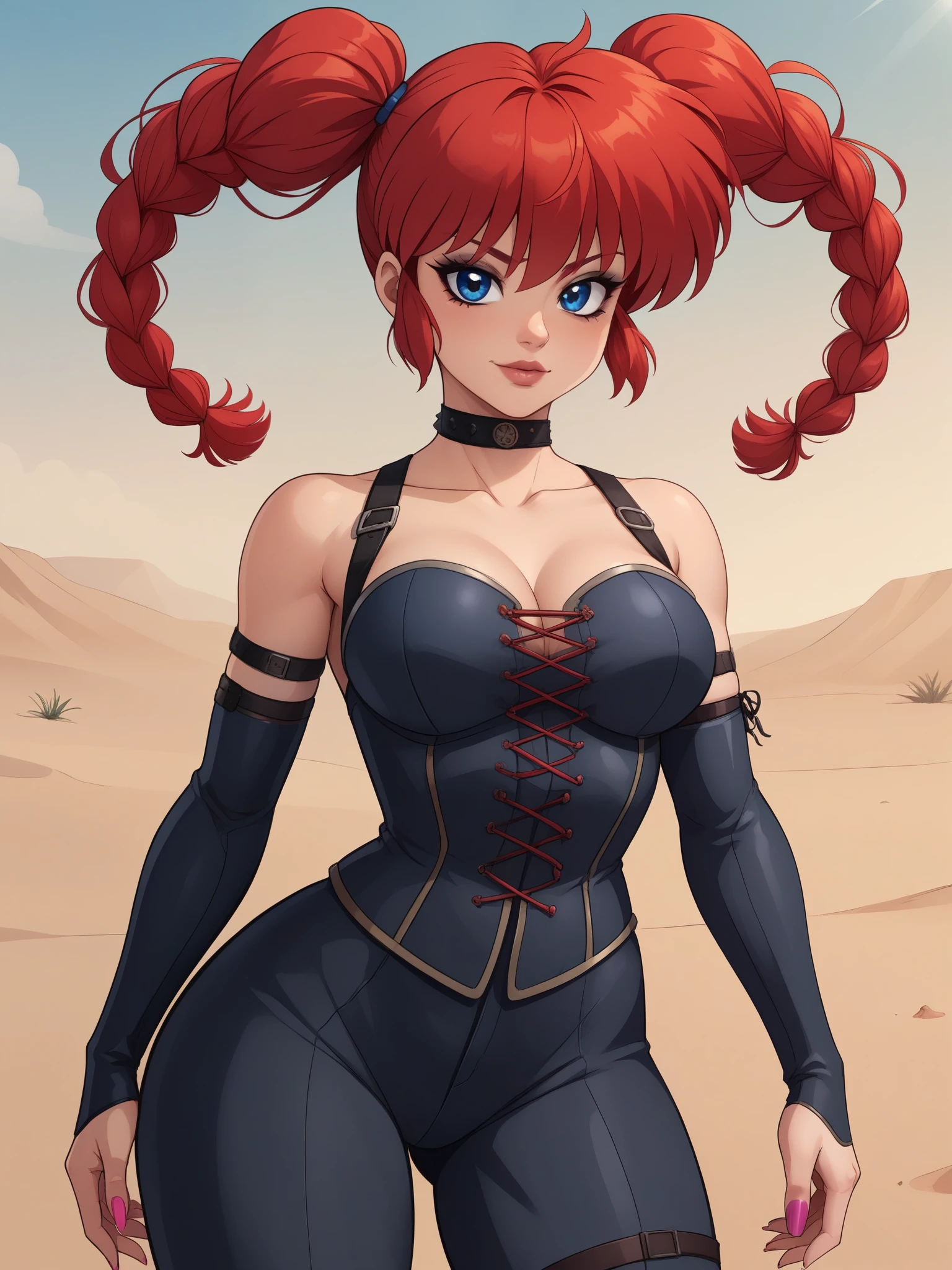 Ranma Saotome. red hair. Blue eyes. pigtail. small saggy breasts. hige hips. choker. black eyeliner. pink manicure. corset. fallout suit. desert. settlement. 