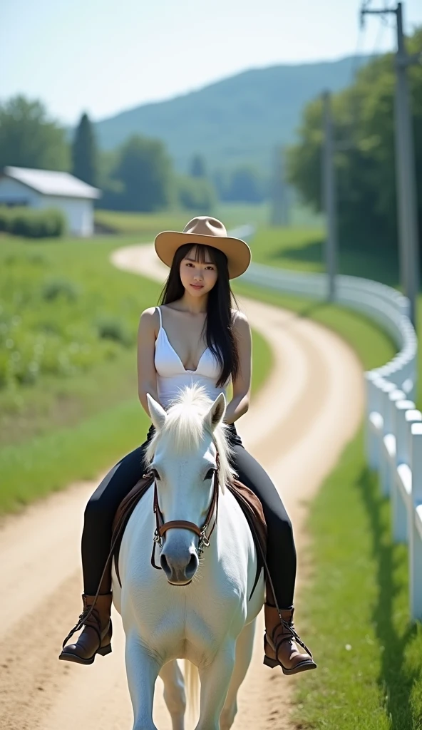 A beautiful young woman(18 year old), (Pretty Idol, Japanese face), white pale skin,cute mouth, cute eye, high nose, beautiful CUP-G chests, Japanese model, very long hair,white skin,smooth skin,white skin, a woman with a large breast. wearing a deep v-neck white sports bars strikingly exposed chest slits and wearing black riding breeches, horse riding mats,Wear a light brown cowboy hat is riding awhite horse on a farm.The image shows a dirt road winding through a green field with a white fence on the right side. On the left side of the road, there is a white building with a sloping roof. In the background, there are trees and a hill covered in greenery. The sky was clear and there were power lines running along the road. The overall mood of the picture is bright and cheerful.A beautiful young woman(18 year old), (Pretty Idol, Japanese face), white pale skin,cute mouth, cute eye, high nose, beautiful CUP-G chests, Japanese model, very long hair,white skin,smooth skin,white skin, a woman with a large breast. wearing a deep v-neck white sports bars strikingly exposed chest slits and wearing black riding breeches, horse riding mats, Wear a light brown cowboy hat is riding a white horse on a farm,