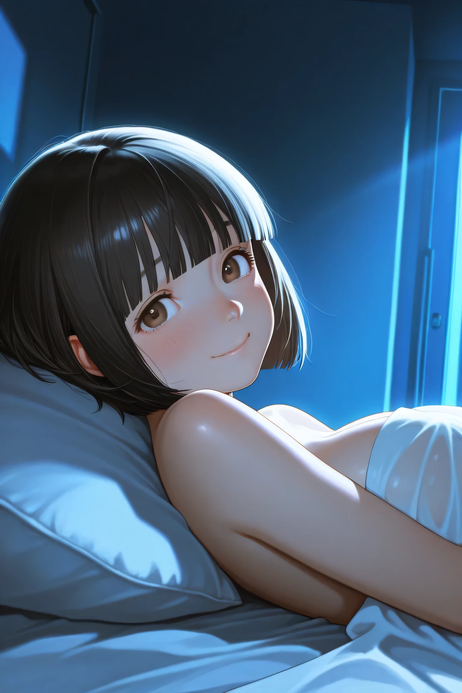 1girl, lying on back, on bed, from side, looking at viewer,
BREAK girl, 22yo, short hair, (bob cut:1.2), ear, (blunt bangs), black hair, (tareme, detailed cute brown eyes), curled eyelashes, (large breasts:0.8),
beautiful detailed eyes, beautiful face,
naked sheet, see-through,
embarrassed, forced smile, upturned eyes,
bedroom, night, dark room, cinematic lighting,
masterpiece, best quality, amazing quality, very aesthetic, absurdres, newest, (realistic:1.2), super detailed, extremely detailed, nsfw, explicit