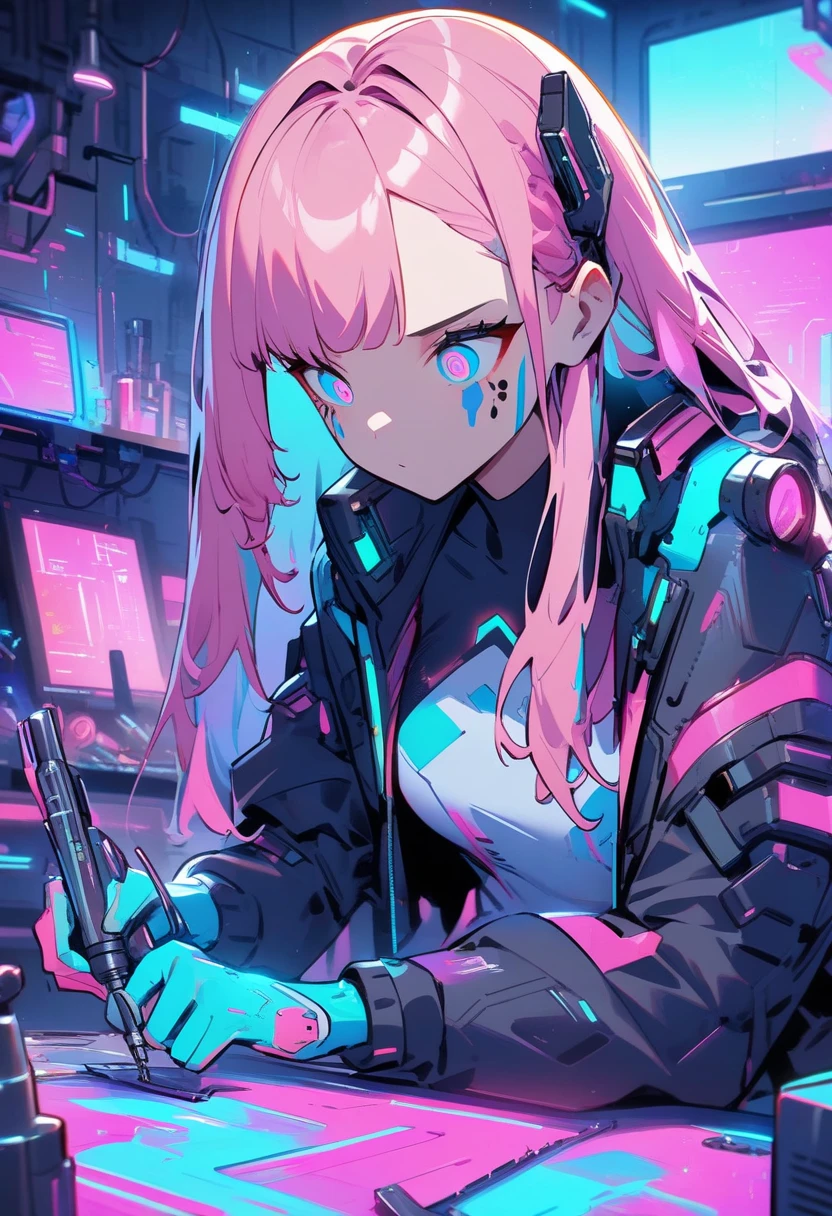  Cyberpunk pastel art ,1girl, futuristic workshop, pink hair, long hair, face mark, intense focus, soldering iron,carefully,repaired item on her workshop, industrial part, 