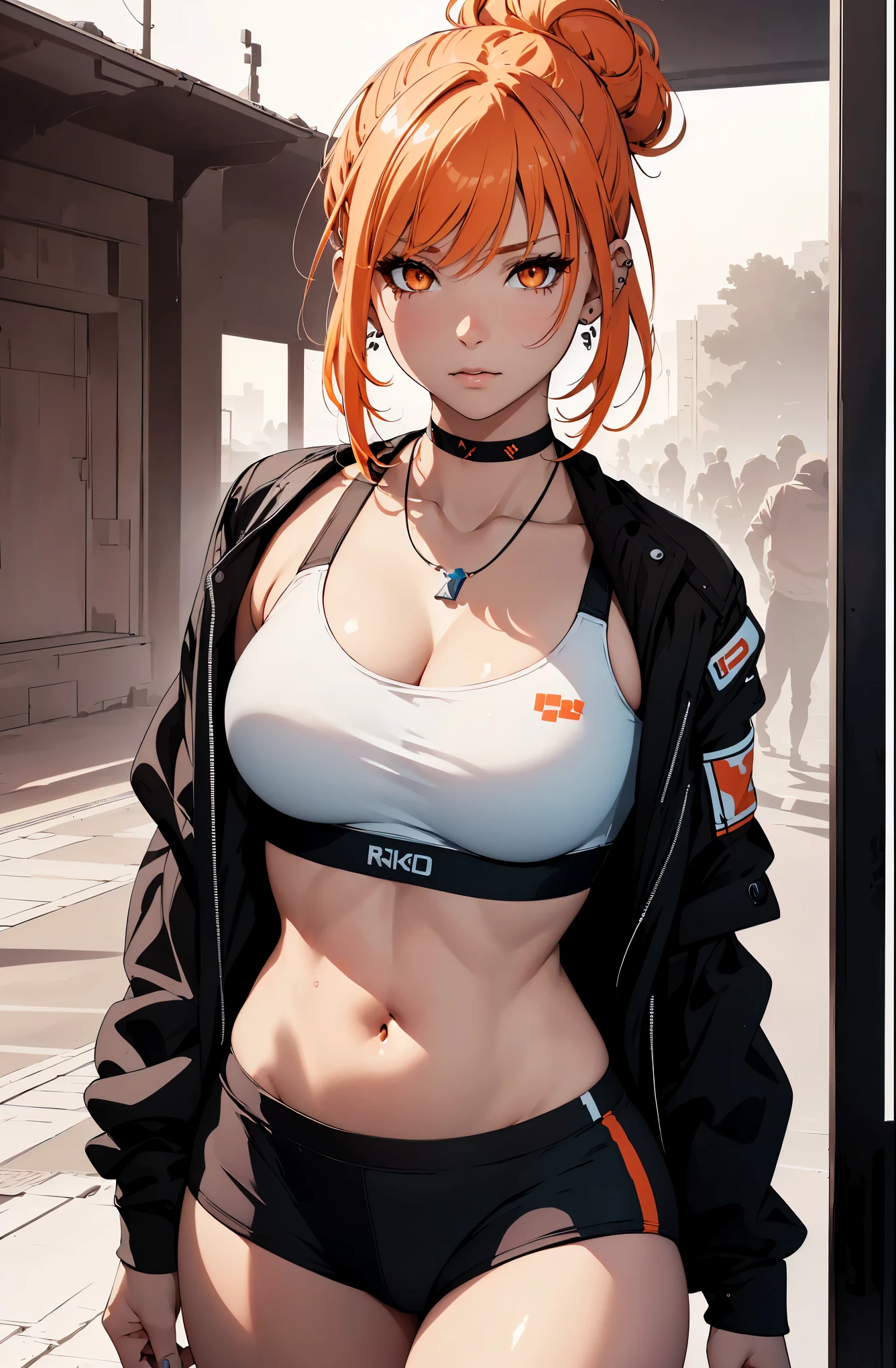 realistic, Beautiful detailed girl, clear and beautiful, Personage as the main perspective, shiny_skin, girl,mature woman,female, young,25 years old, (medium hair), bangs, (Top knot:1.3), sidelocks, orange hair, (beautiful detailed Glass hair), pink streaked hair,beautiful detailed cold face, cold expression, complex details beautiful and delicate eyes, fingernails, medium_breasts, , orange eyes, Authentic skin texture, gleaming skin,(Multiple piercings), necklace,(sports bra:1.3),(racing bloomers:1.3),bloom,(line art:1.2),realistic illustration,(unreal engine),(GoPro),(insanely detailed),perfect shading,(digital art),(ray tracing),(intricate detailed),creative refinement,(dark atmosphere)
